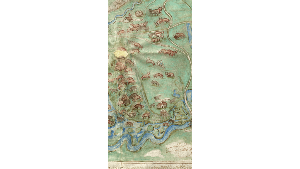 La historia del intercambio biológico entre América y Europa puede verse en este mapa de 1614, pues antes de la llegada de los colonos en América no había cerdos ni vacas. / MAPA: Paisajes Coloniales